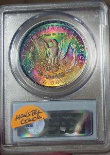   1879 pcgs au58 rainbow toned morgan dollar beautiful toned color coin