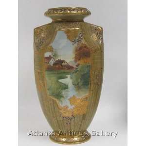 Large Nippon Gold With Multi Color Scenic Jeweled Hand Painted Vase 