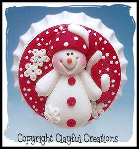 Beckys Polymer Clay   Snowman with Funky Red and White Hat BOTTLE CAP 
