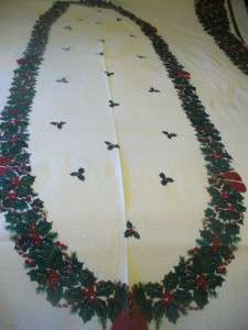 VINTAGE LINEN PIN DOT CHRISTMAS HOLLY TASSLES TABLECLOTH hUge 106 x 