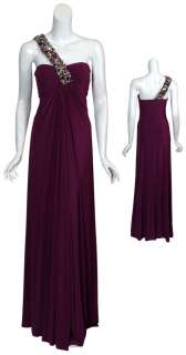MIGNON Striking Plum One Shoulder Beaded Long Evening Gown Dress NEW 