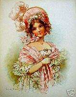 Old 1900 VICTORIAN Stone LITHO Girl in PINK DRESS  