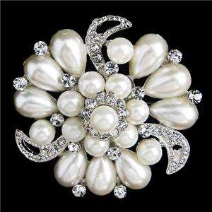 Bridal Pearl Flower Drop Brooch Pin Swarovski Crystal VTG Style  
