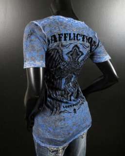 Womens Affliction Sinful T Shirt MEDIAN in Blue Burnout Tee Huge 