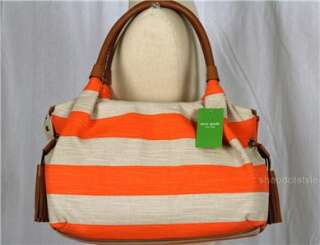 KATE SPADE JUBILEE STRIPE CORAL NATURAL CANVAS LEATHER STEVIE BAG TOTE 