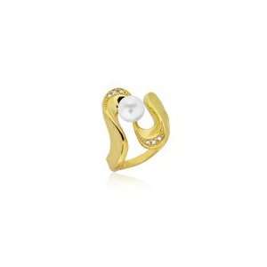  0.06 Cts Cubic Zircon & Pearl Ring in 14K Yellow Gold 9.5 