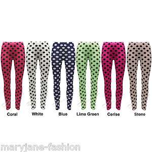 WOMENS LADIES SPOTTED POLKA DOT LEGGINGS GREEN WHITE CORAL CERISE BLUE 