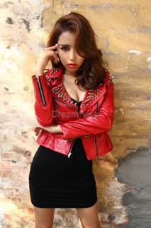 Rock Punk Black / Red Studded Rivet Spike Belted Leather Jacket Blazer 
