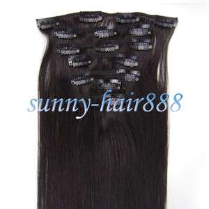 INDIAN 207pcs Clip in Remy Human Hair Extensions#1B Black with brown 