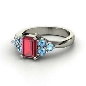  Apex Ring, Emerald Cut Ruby 14K White Gold Ring with Blue 