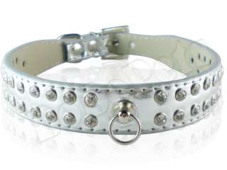 14 16 Silver Leather Rhinestone Dog Collar Medium M  
