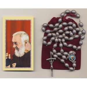 St Saint Padre Pio Relic Rosary Gray with Holy Prayer Card, Velour Bag 