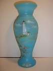 Fenton Glass SKY BLUE Satin 11 Vase HP LIGHTHOUSE SCENE FAGCA 
