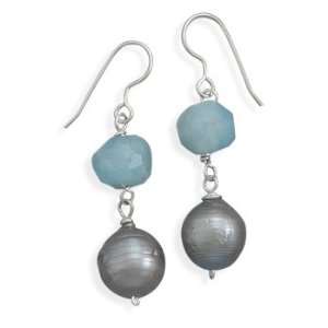   Silver Baroque Pearl Aquamarine Quartz Bead Drop French Wire Earrings