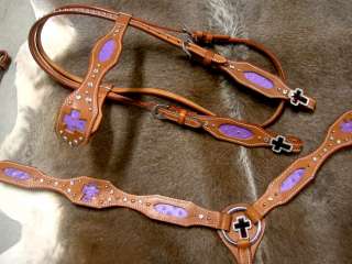 BRIDLE BREAST COLLAR WESTERN LEATHER HEADSTALL PURPLE CROSS HORSE TACK 