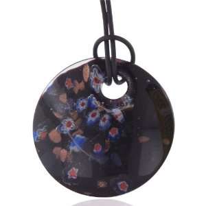  Murano Glass Round Black Flower Speckled Necklace Pendant 