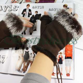 Fingerless suede leather gloves with genuine rabbit fur which serves 