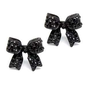  Fashion Crystal Pave Bow Ribbon Stud Earrings Black 