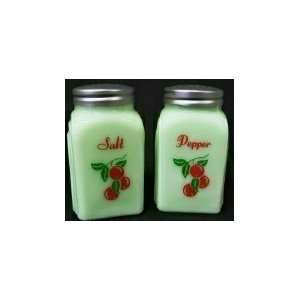  Red Cherries Jadeite Green Milk Glass Salt & Pepper Shaker 