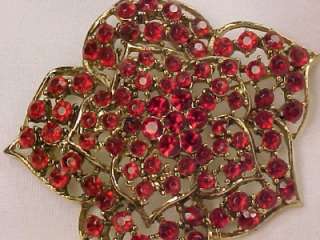 Ruby Red Rhinestone Flower Filagree Pin Sparkling Goldtone Vintage 