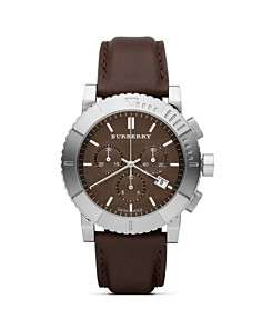 Burberry Stainless Steel Round Faced Watch with Leather Strap, 42 mm