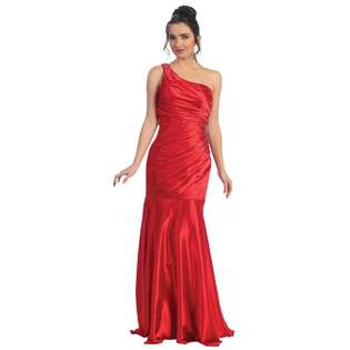   Ladies One Shoulder Beaded Red Long Satin Evening Dress 