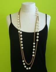 CHANEL Long Double Chain Necklace Classic Gold x Pearl BOX CC 2 