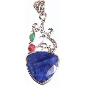  Faceted Sapphire Pendant with Ruby and Emerald   Sterling 