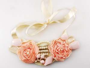 Satin Ribbon Cream Vintage Fabric Pink Rose Faux Pearl Bead Bib Boho 
