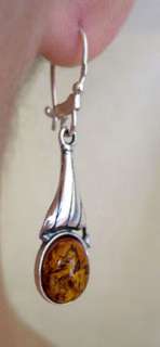 BUTTERSCOTCH, HONEY or GREEN AMBER & STERLING SILVER LEAF EURO HOOK 