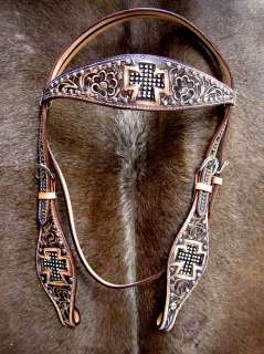 HORSE BRIDLE WESTERN LEATHER HEADSTALL TACK CARVED ANTIQUE CROSS RODEO 