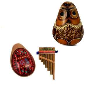   Owl Carved Maraca, Ocarina & Pan Flute Set Fair Trade Peru Hand Made