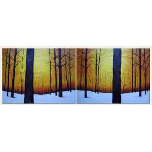 Trees in Snow Covered Field Scenery   2 Canvas Set Oil Painting 30 x 