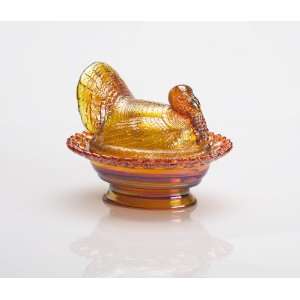   Amber Glass Turkey on Sailor Lace Base Covered Dish 