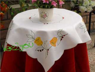   Tulip Flowers Embroidered square white Table Cloth TOPPER  