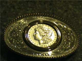   Silversmiths 1880 Morgan Silver Dollar Coin Belt Buckle Gold Rope Edge