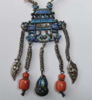 UNUSUAL ANTIQUE CHINESE SILVER ENAMEL CORAL TURQUOISE NECKLACE W 