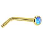   14KT Yellow Gold 2mm Blue Synthetic Opal L Shaped Nose Ring   20 Gauge