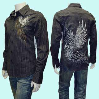 MEN Dress Shirt,Horse w/Wings w/Rhinestone Stripe Bk M  
