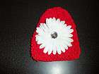   baby RED crochet KUFI hat white GERBER DAISY flower HAIR BOW new