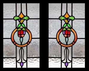 RARE PAIR EDWARDIAN FLORAL SWAG STAINED GLASS WINDOWS  