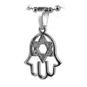   Steel HAMSA Judaica Symbol Pendant with Jeweled Star of David Jewelry