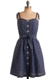 Little Prairie Dress   Blue, White, Floral, Buttons, Pockets, Scallops 