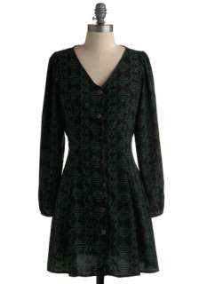   Dress   Green, Black, Print, A line, Long Sleeve, Casual, Fall, Short