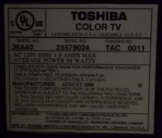Toshiba 36A40 TV 36in With Rolling Stand  