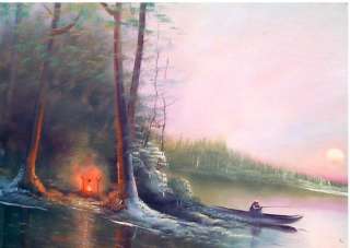 Vintage Al Mohler Painting camp fire / canoe signed Art  