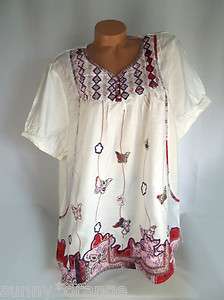 White embroidered butterfly appliqué peasant plus top blouse shirt 