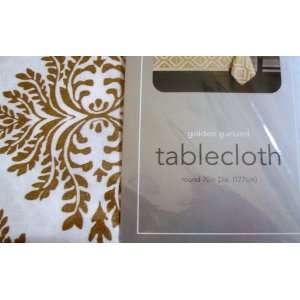 Holiday Christmas, Golden Garland, White and Gold, Tablecloth Round 