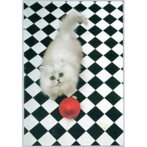 Christmas Cards, Cat with Red Ball Ornament on Black & White Checked 