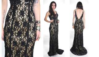   90s Blk LACE ILLUSION Backless Fishtail Beaded Prom Wedding Maxi Dress